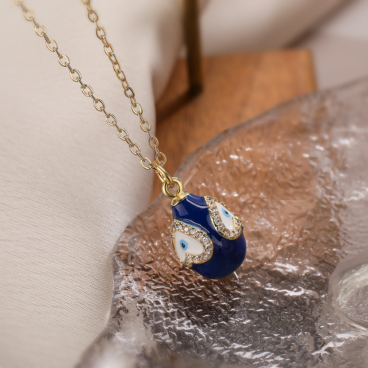Minimalist Geometric Evil Eye Pendant Necklace with Copper Base Plated in 18K Gold and Enamel Finish, Zircon Inlay
