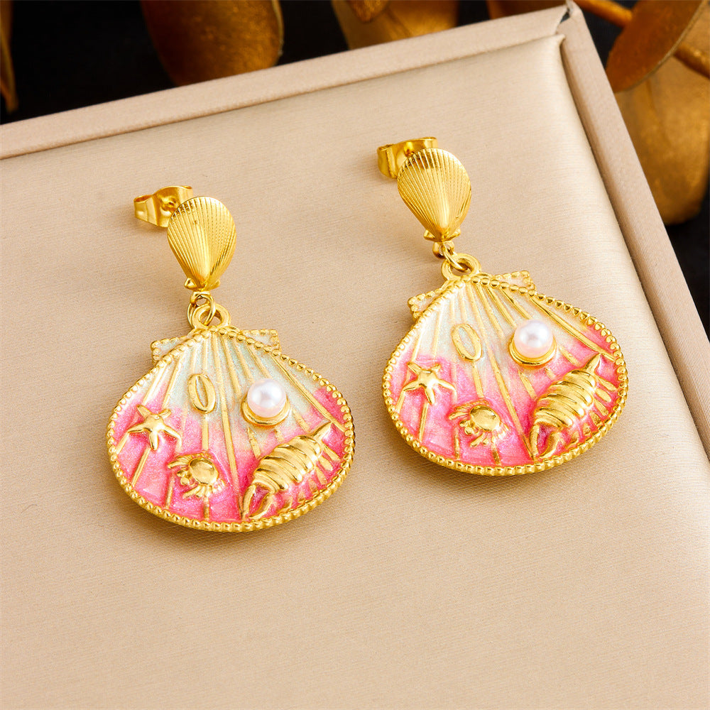 Pendientes de acero inoxidable para mujer con colgante de esmalte de vieira, estrella de mar y concha, con diseño de dibujos animados, bonitos, inspirados en el océano y con degradado.