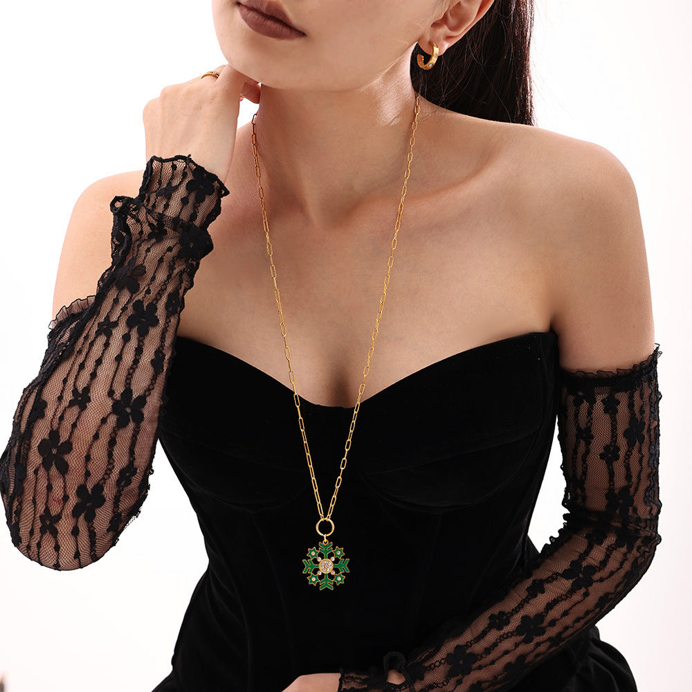 Collana con ciondolo di lusso a forma di ruota panoramica geometrica con zirconi e dettagli in smalto su catena in acciaio inossidabile da donna