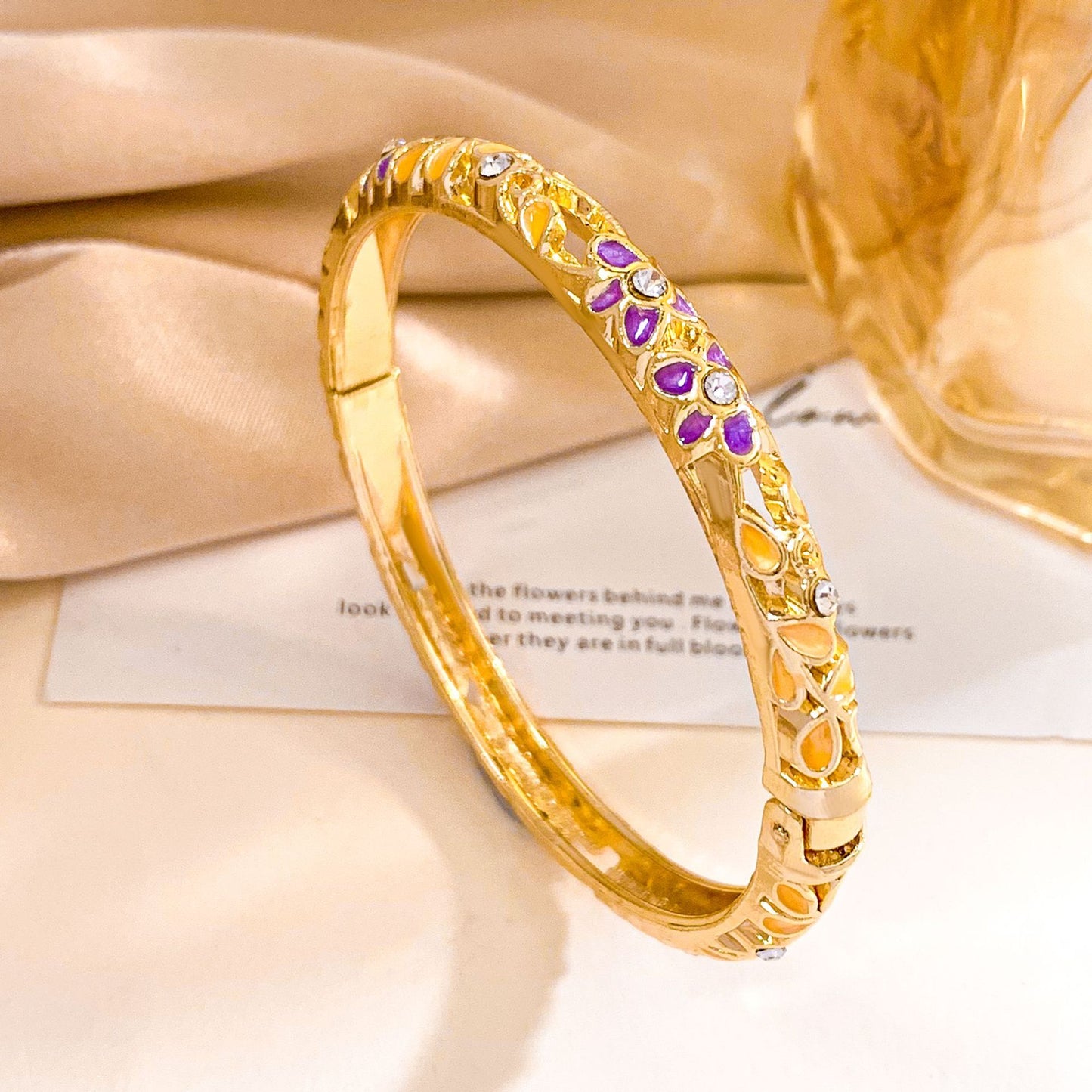 Elegant Floral Enamel Cubic Zirconia Inlaid Alloy Bangle Bracelet