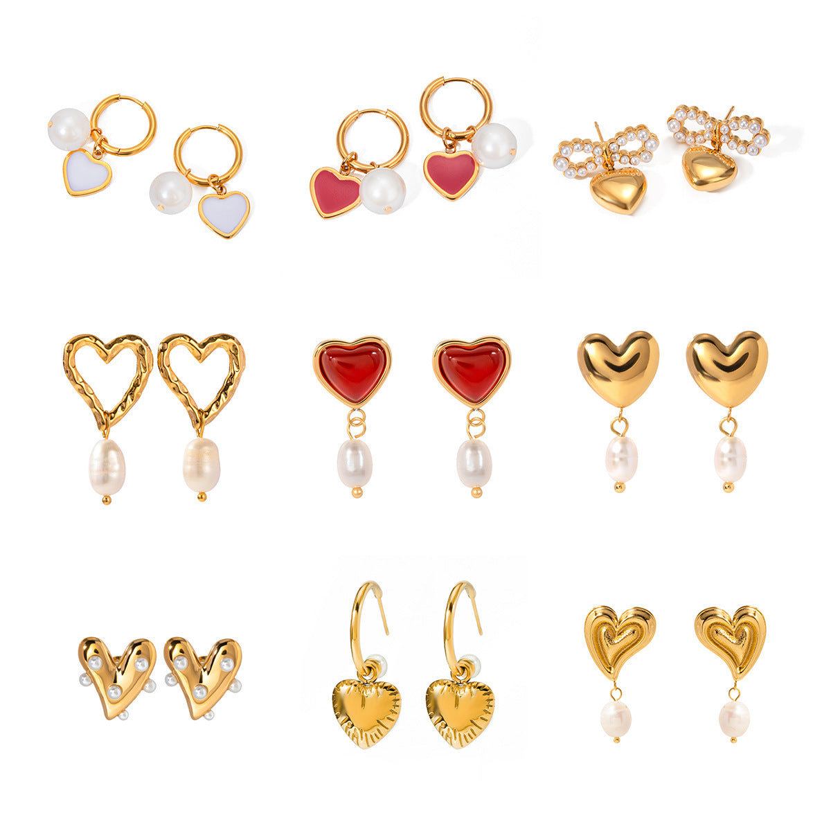 Elegant 18K Gold Plated Stainless Steel Heart Pearl Stud Earrings