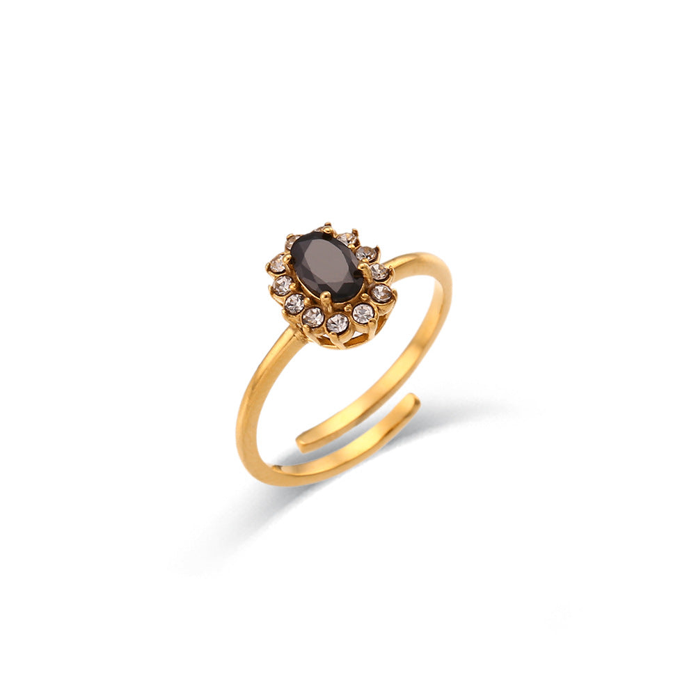 Minimalist Luxe Oval-Shaped Stainless Steel Plated 18K Gold Adjustable Ring with Cubic Zirconia
