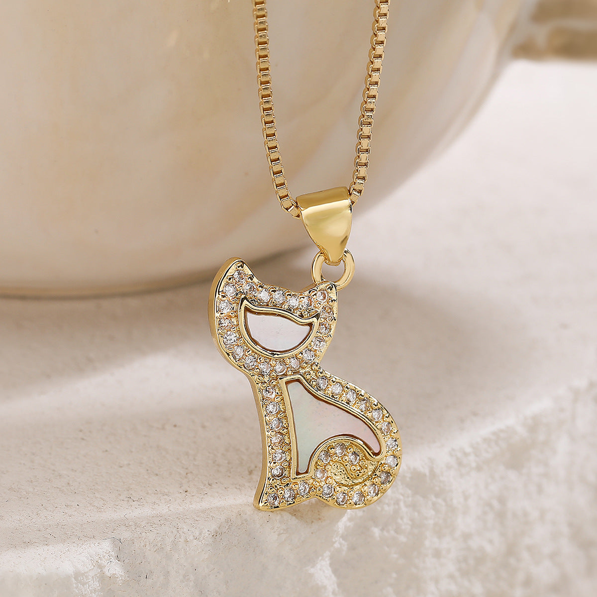 Minimalist Gold Plated Brass Cat Pendant Necklace with Cubic Zirconia for Women