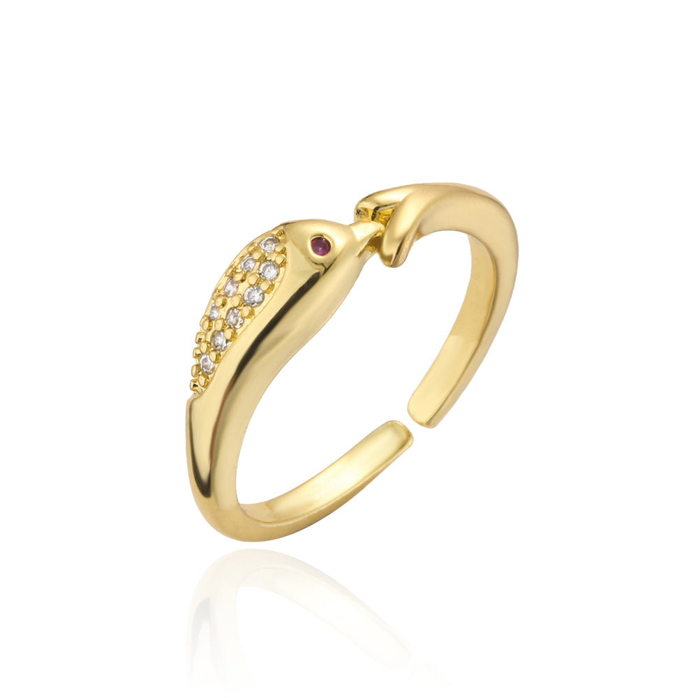 Minimalist Geometric Animal Brass Gold Plated Ring with Cubic Zirconia for Women
