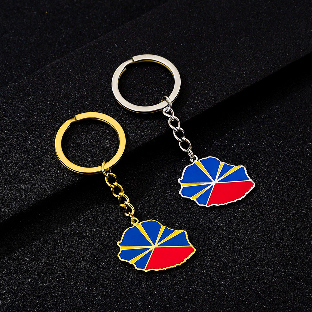 Llavero Colgante de Acero Inoxidable Esmaltado Estilo Étnico con Diseño de la Isla de Reunión Francesa