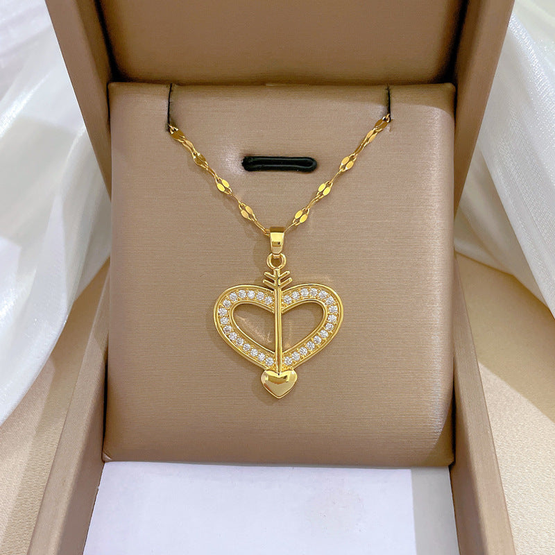 Luxury Minimalist Sweet Geometric Titanium Steel Stainless Steel Necklace with Rhinestone Inlay for Women