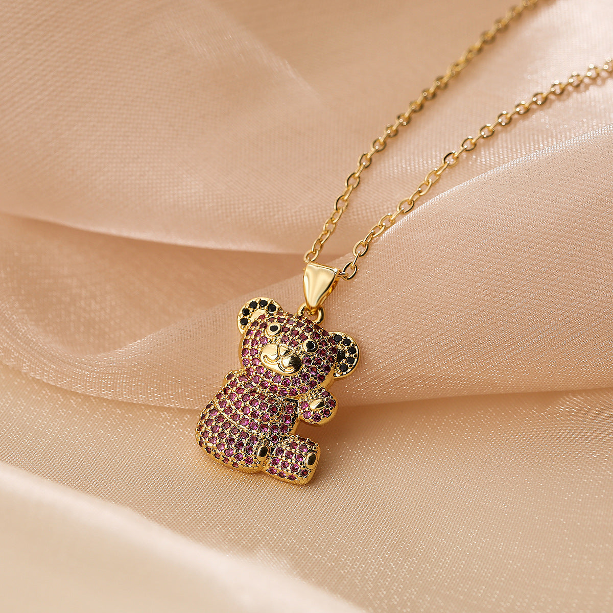 Minimalist Bear-Shaped Copper Pendant Necklace with Gold Plating and Zircon for Women