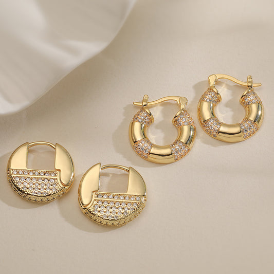 Vintage Elegant Geometric Brass Gold Plated Cubic Zirconia Hoop Earrings for Women
