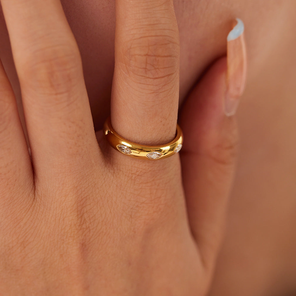 Ins Style Geometric Round White Zircon Ring 18K Gold Plated Stainless Steel Jewelry for Women