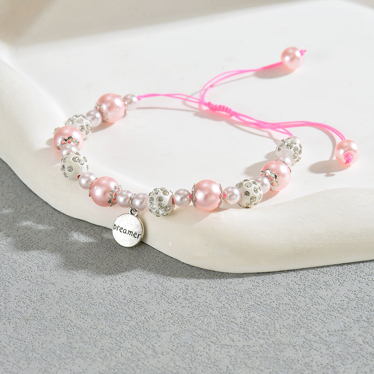 Chanel-Inspired Pink Pearl Bracelet with Letter Charm Hand-Strung Rhinestone Accented Adjustable Wristband for Women