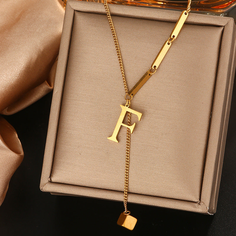 Minimalist Titanium Steel Letter Pendant Necklace with Tassel for Women