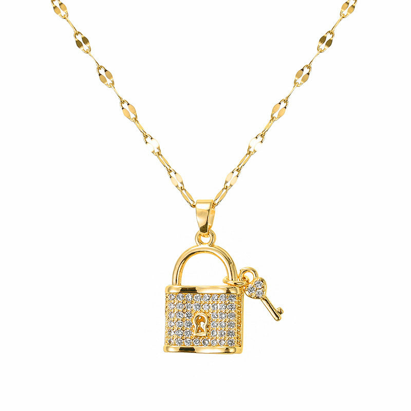 Minimalist Lock-Shaped Titanium Steel Necklace with Alloy Pendant and Plated Finish for Women and Men