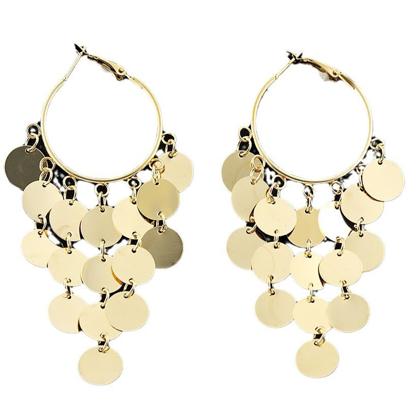 Minimalist Geometric Round Alloy Plated Tassel Earrings with Sequins