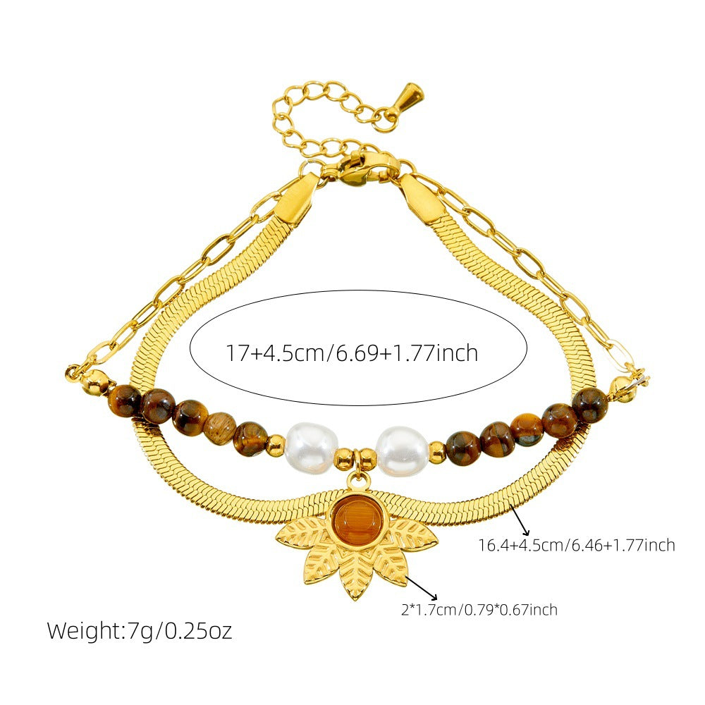 Vintage Tiger Eye Agate Beaded Double Layer Floral Stainless Steel Bracelet for Women
