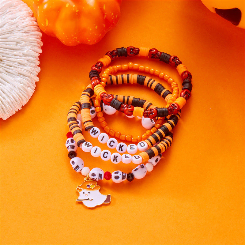 Bracciale da donna con perline a forma di teschio, zucca e fantasma in stile cartone animato, con ciondolo in lega e tema festa di Halloween