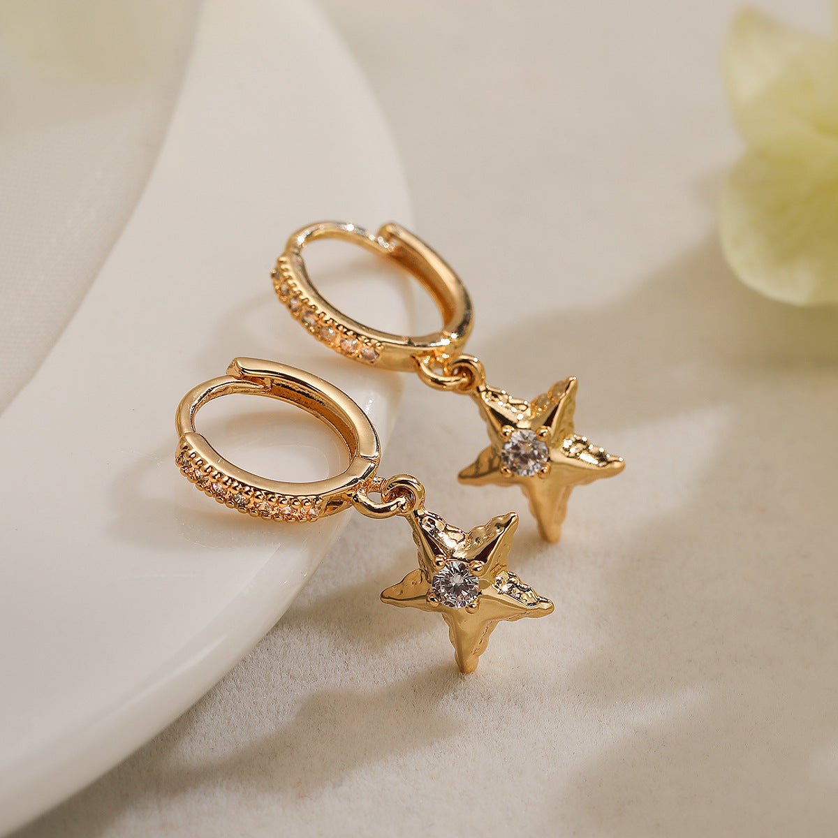 Minimalist Heart Floral Star Pendant Earrings in Copper with Genuine Gold Plating and Zircon Inlay