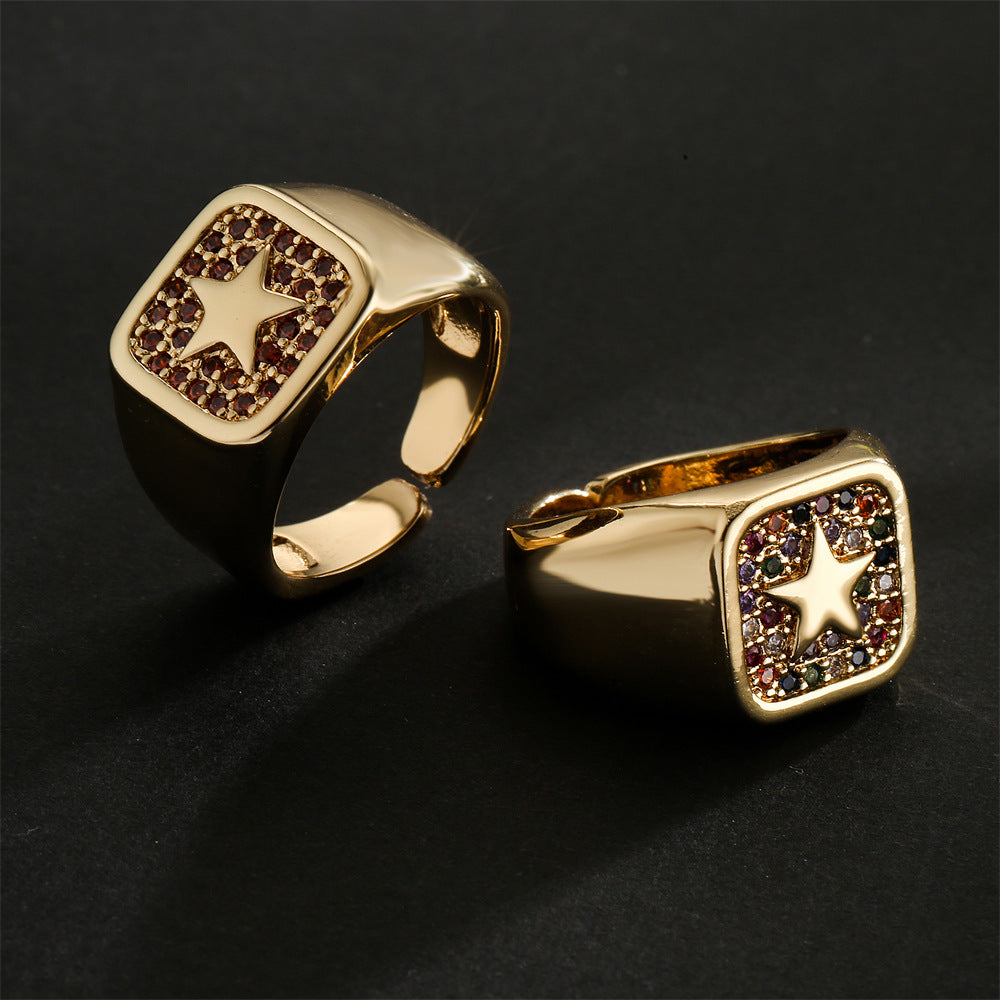 Punk Style Geometric Star-Shaped Copper Ring with 18K Gold Plating and Micro-Pave Zirconia
