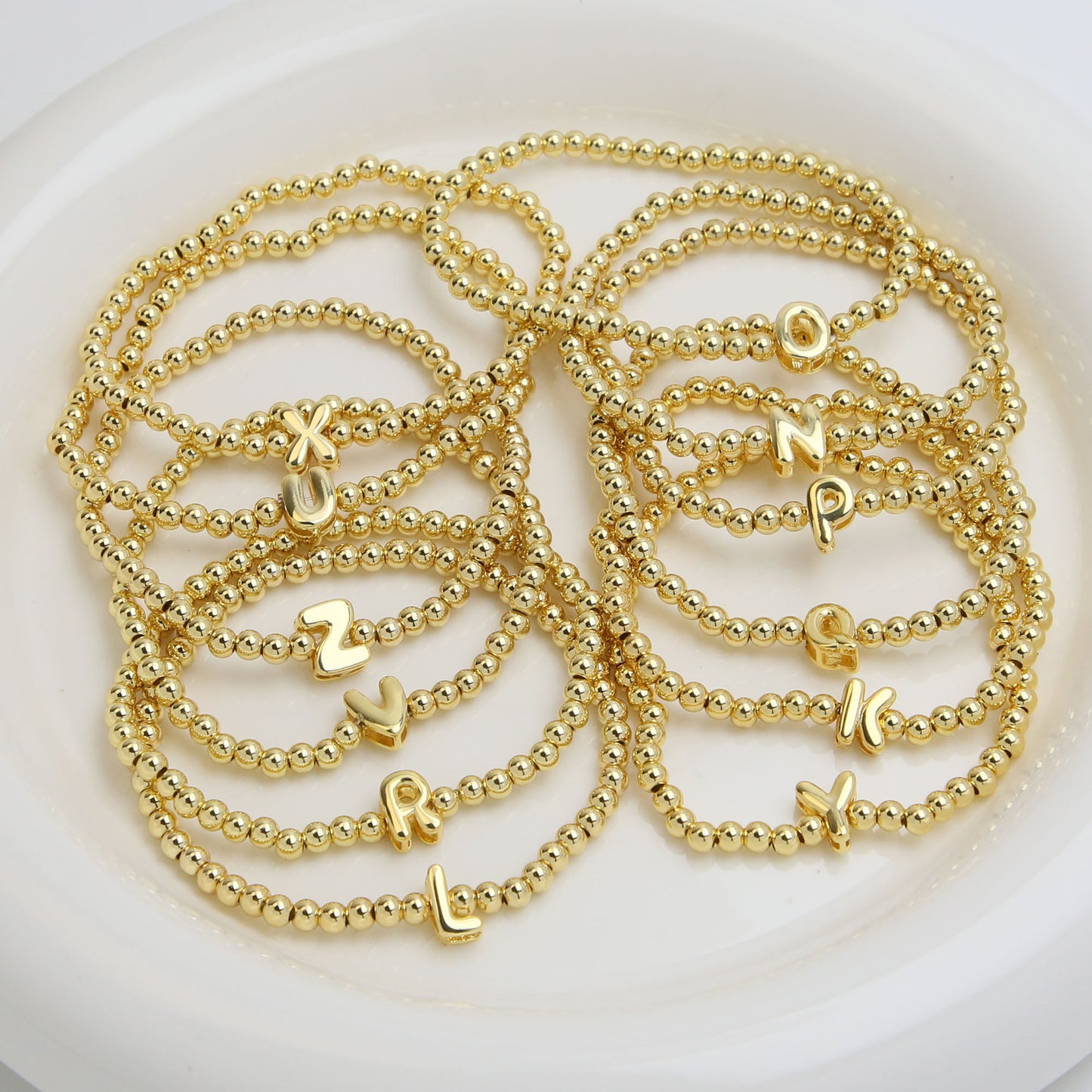 18K Gold Plated Brass Letter Hematite Bead Stretch Bracelet for Women