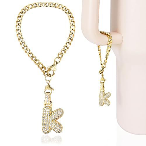 Cubic Zirconia Inlaid Brass Letter Charm Bar with Plated Finish