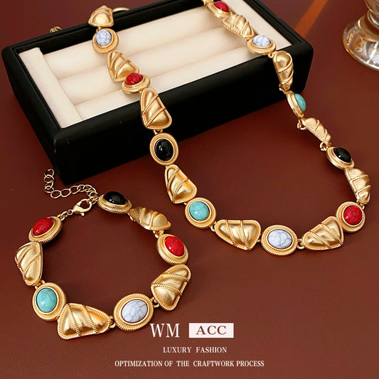 Vintage Style Triangular Beaded Bracelet and Clavicle Necklace Set for Women Alloy Plated Jewelry with Geometric Design