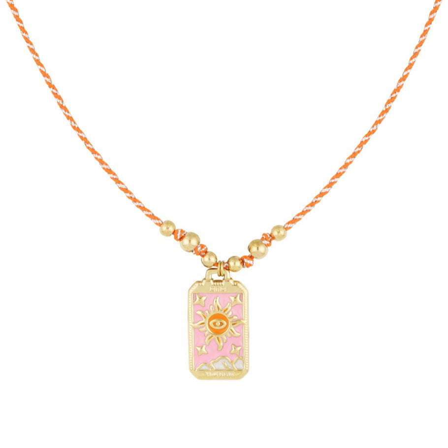 Vintage Geometric Evil Eye Tarot Pendant Necklace in Plated Copper with Colorful Enamel Detail for Women