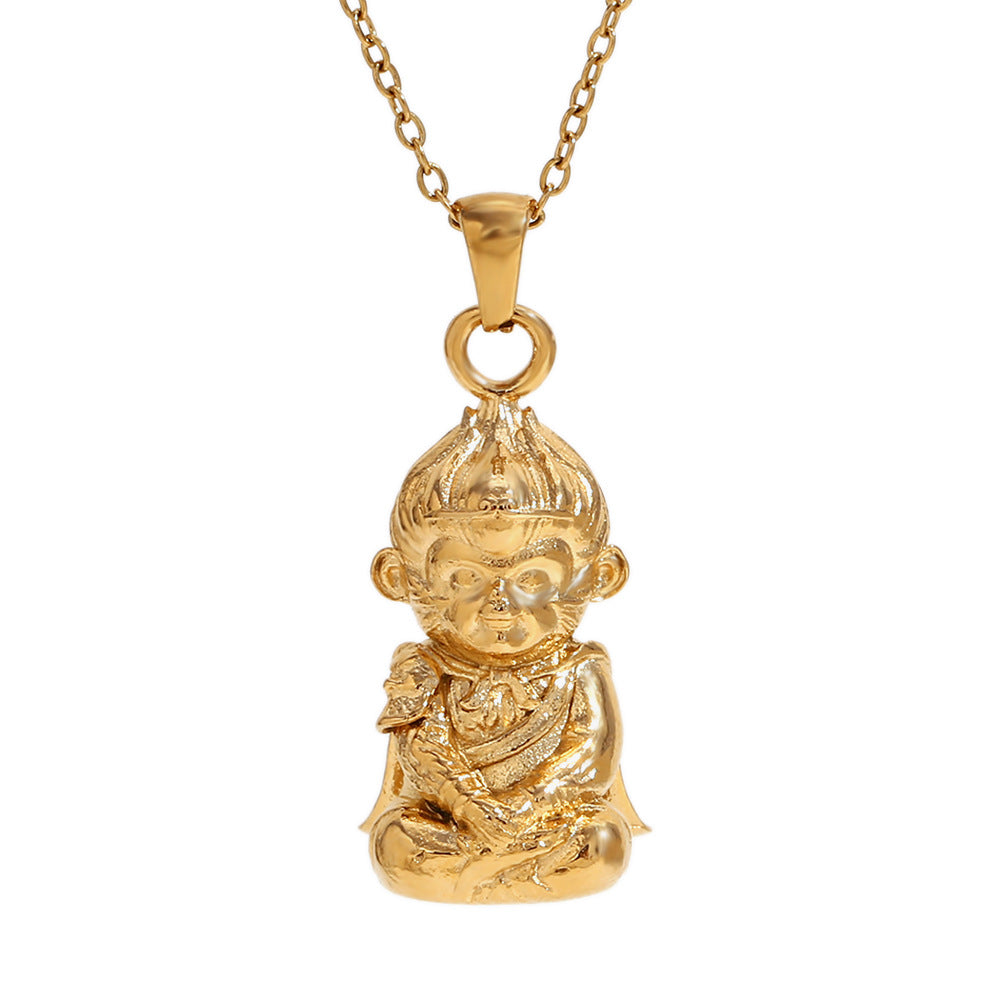 Collana con ciondolo in acciaio inossidabile con personaggio cartone animato minimalista placcato oro 18 carati e design 3D Re Scimmia