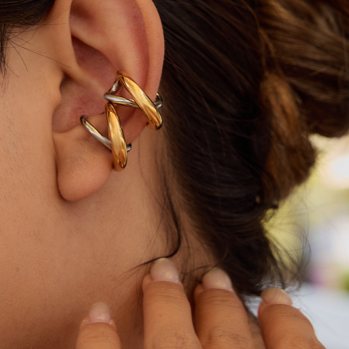 Color Block Geometric Stainless Steel and Titanium Steel Plated Ring and Earring Clip Set for Women