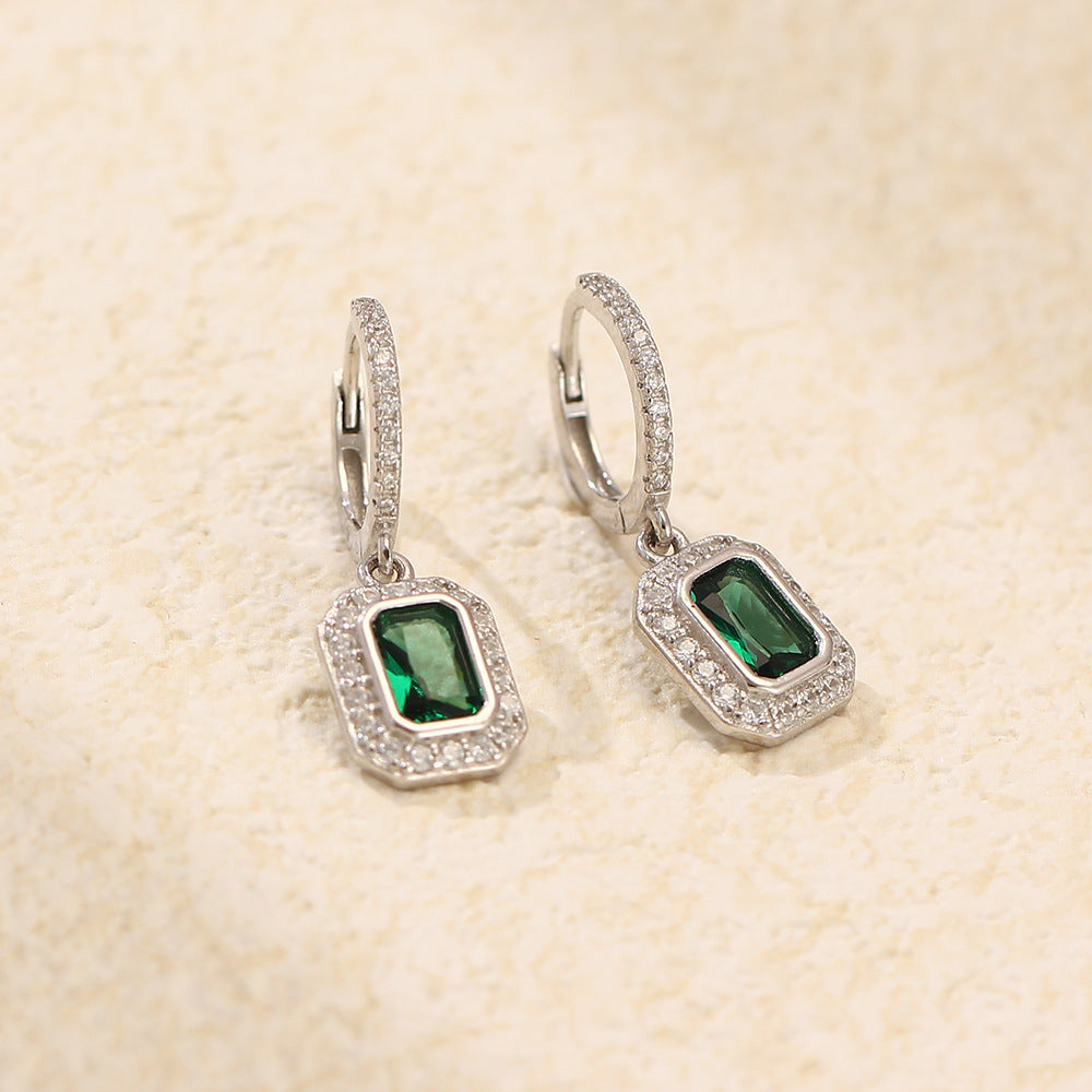 Minimalist Geometric S925 Sterling Silver Stud Earrings with Emerald Green Rhinestones for Women