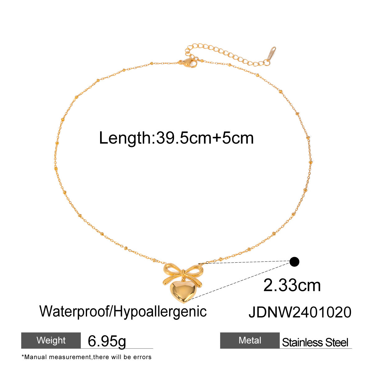 Collana da donna con ciondolo a fiocco e perla in acciaio inossidabile placcato oro 18 carati, stile minimalista