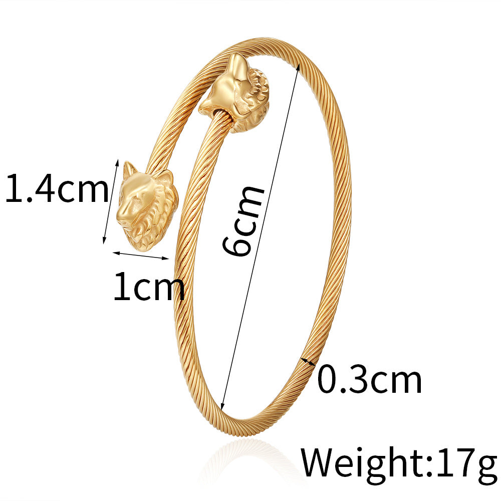 Minimalist Streetwear Titanium Steel Plated Wolf Head Open Cuff Bracelet for Men and Women