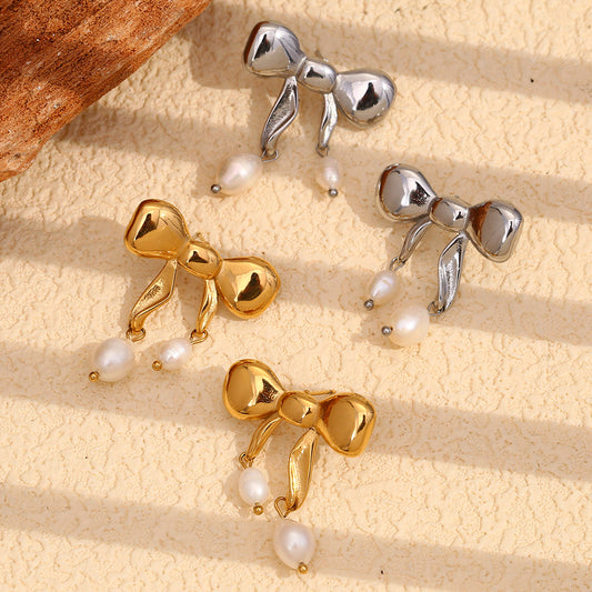 Fashionable Butterfly-Shaped Stainless Steel Earrings with 18K Gold Plating and Pearl Accents for Women