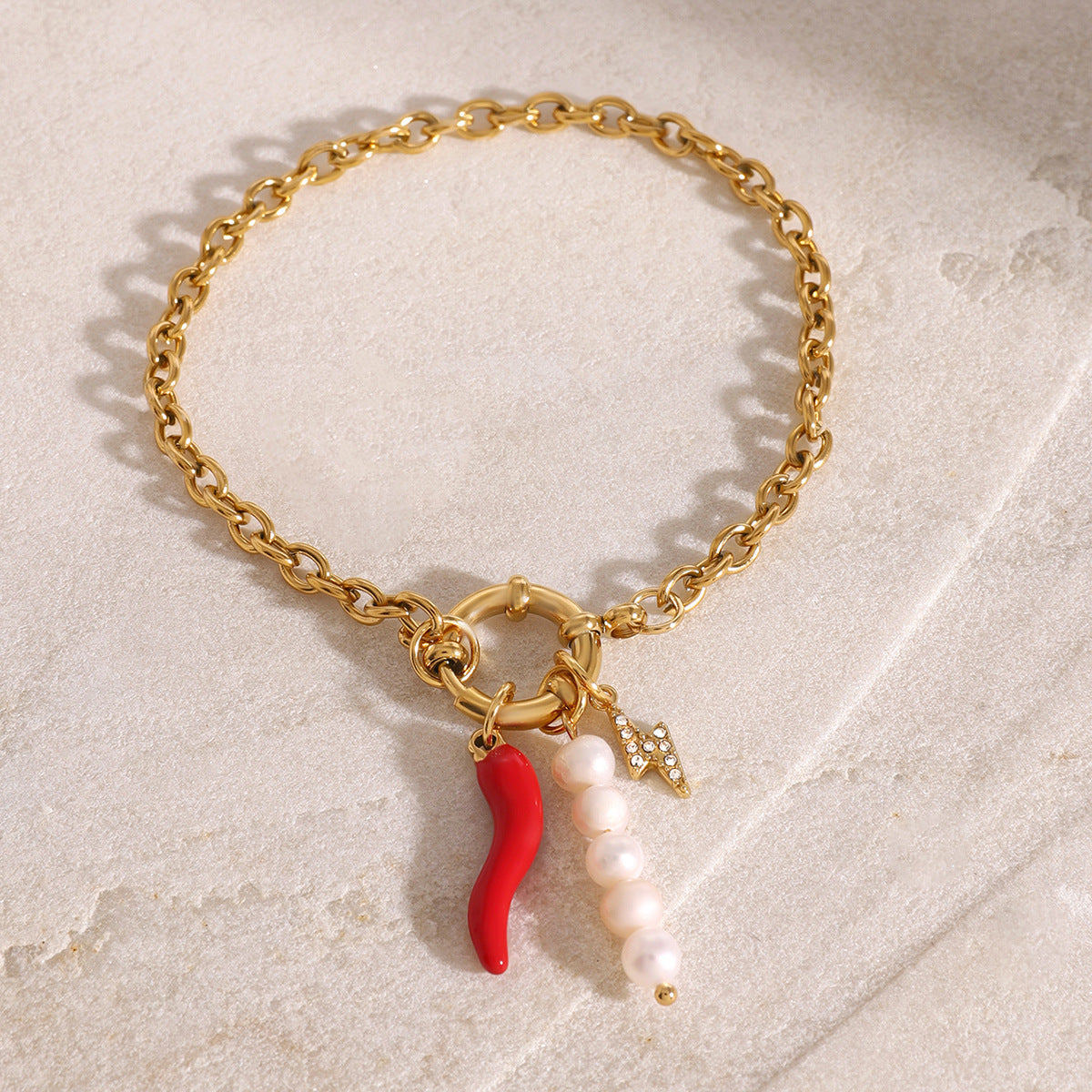 Bracciale da donna Ins Style in acciaio inossidabile placcato oro 18K con perle e nodo marinaresco