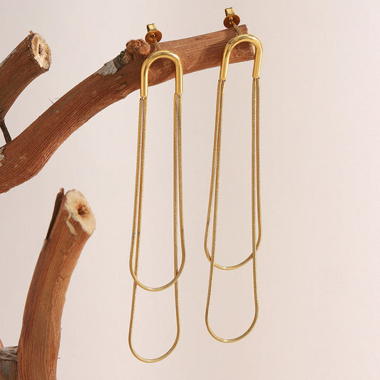 Minimalist Modern Geometric Stainless Steel Earrings with 18K Gold Plating for Women — Slimming Long Drop Design