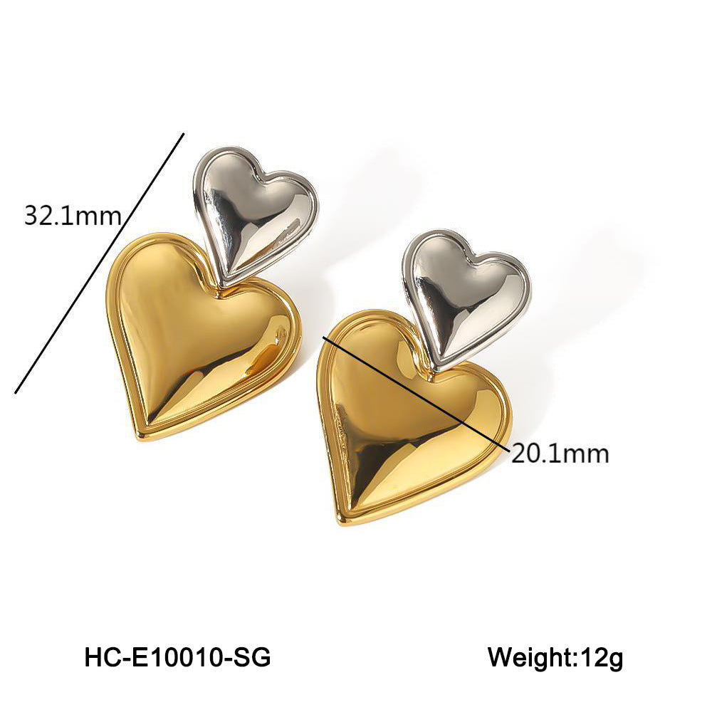 INS Style Heart-Shaped Stainless Steel Earrings with Hammered Texture and 18K Gold Plating for Women