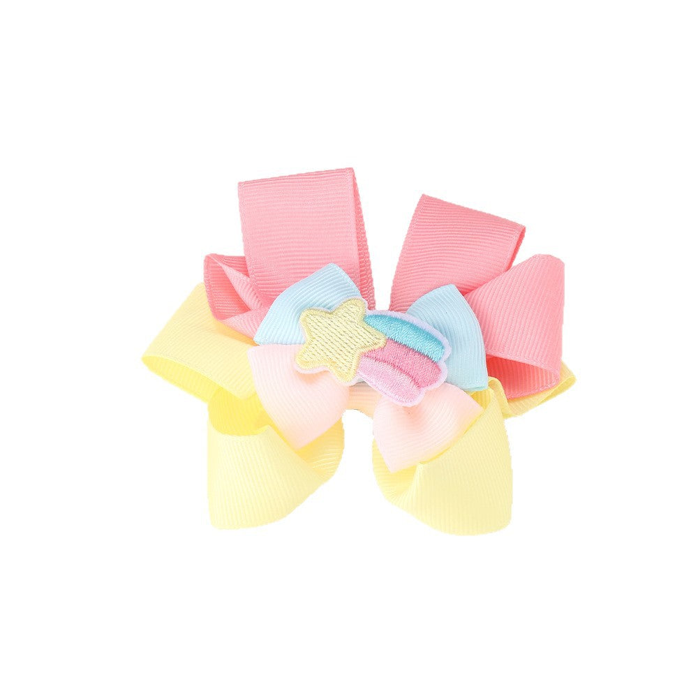 Cartoon Bow Hair Clip for Kids in Rainbow Color Pattern with Embroidery and Handmade Fabric Construction