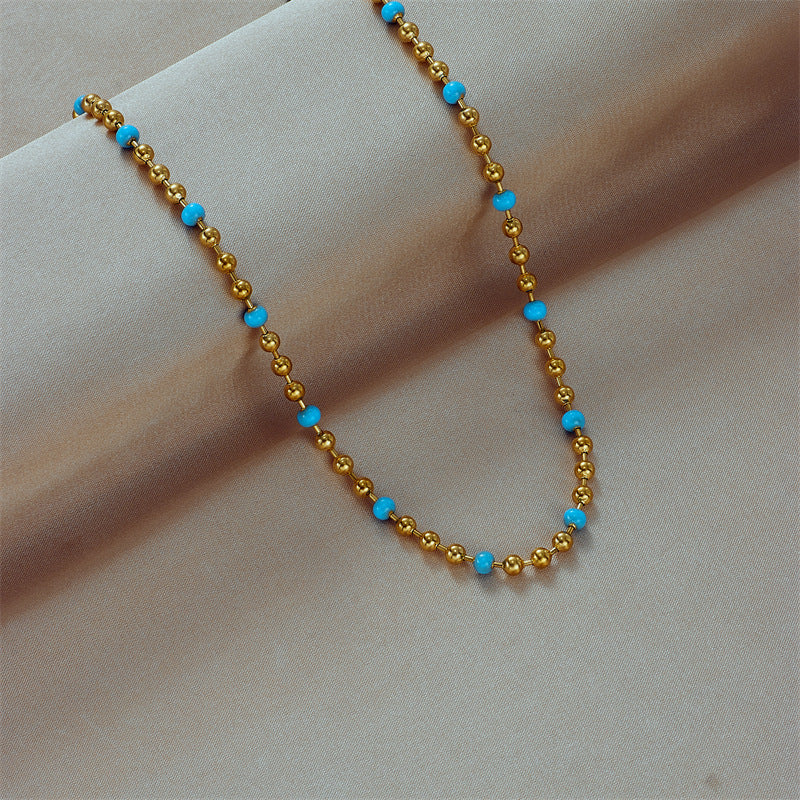 Minimalist Geometric Titanium Steel Plated Necklace with Turquoise Beads and Round Ball Chain for Women
