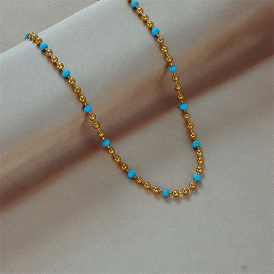 Collana Minimalista Geometrica da Donna in Acciaio al Titanio Placcato con Perline Turchesi e Catena a Sfera Tonda