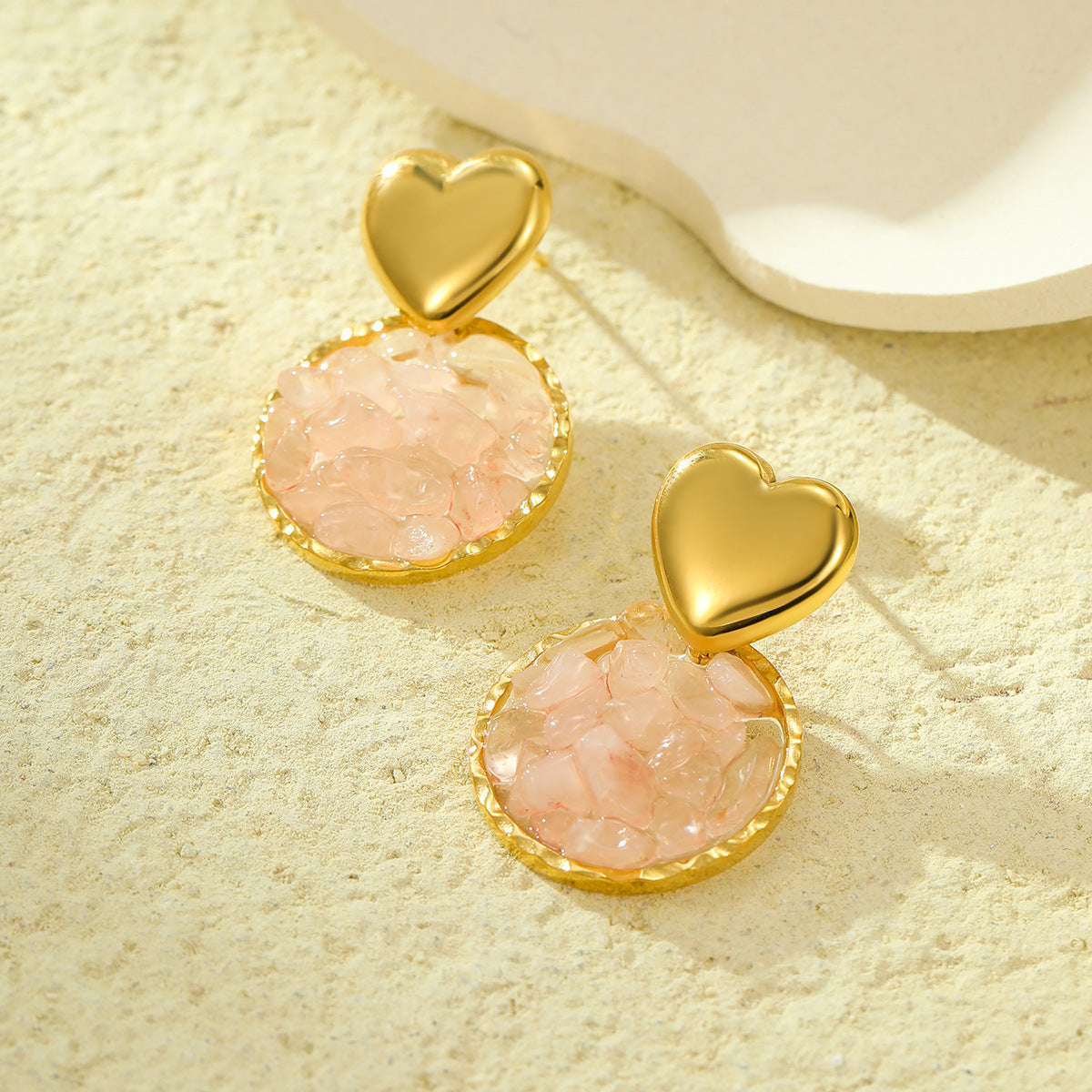 Pendientes Colgantes de Acero Inoxidable con Forma de Corazón Estilo Vintage, Incrustaciones de Piedras Naturales y Baño de Oro