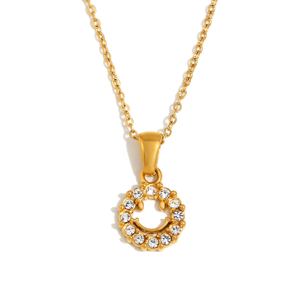 Minimalist Geometric Hollow Smiley Face Pendant Necklace for Women in Stainless Steel with 18K Gold Plating and Zircon Inlay