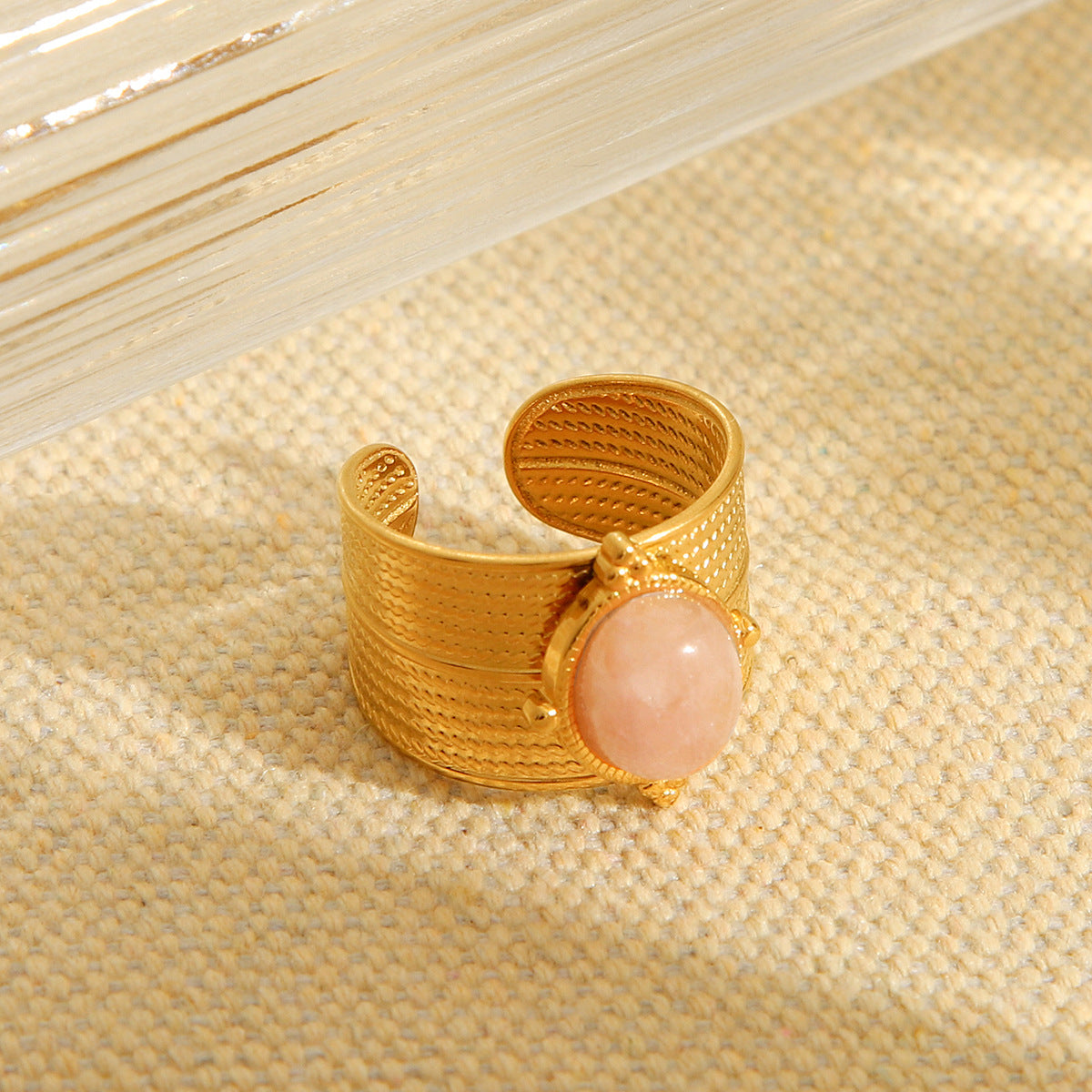 Vintage Geometric Stainless Steel Open Ring for Women with Electroplated Finish and Natural Stone Inlay