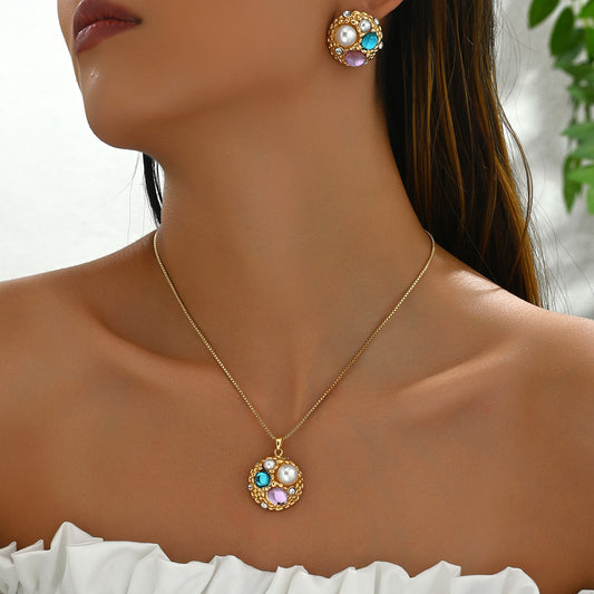Minimalist Forest Style Geometric Irregular Copper Necklace and Earrings Set with Gold-Plated Inlay Synthetic Gemstones