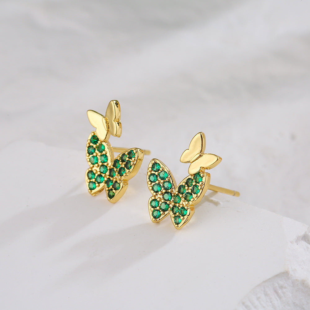 Minimalist Butterfly-Shaped Copper Earrings with Gold Plating and Micro-Pave Zirconia Accents