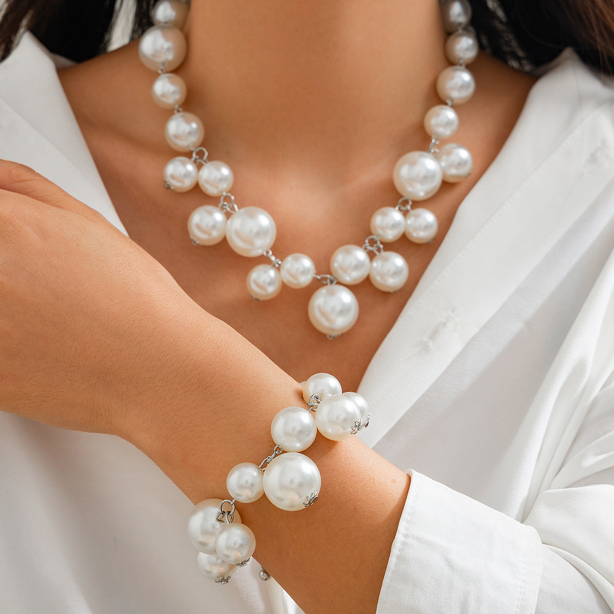 Punk Geometric Faux Pearl Plated Ball Chain Choker Necklace for Women