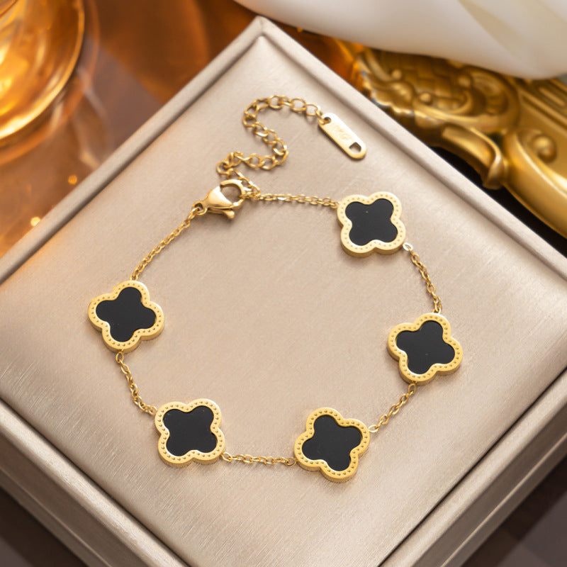 Fashion 18K Rose Gold Plated Titanium Steel Four-Leaf Clover Rhinestone Bracelet for Women