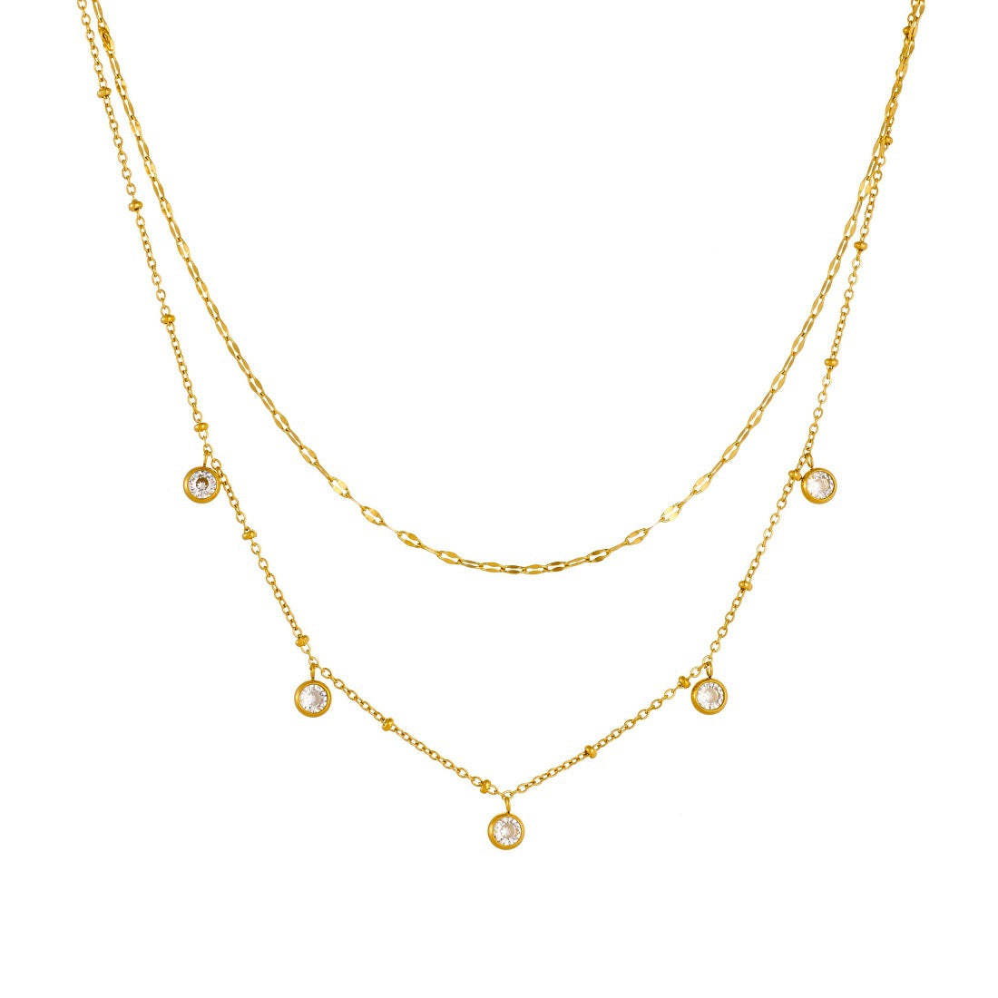 Minimalist Gold Plated Round Geometric Stainless Steel Rhinestone Lips Double Layer Necklace for Women