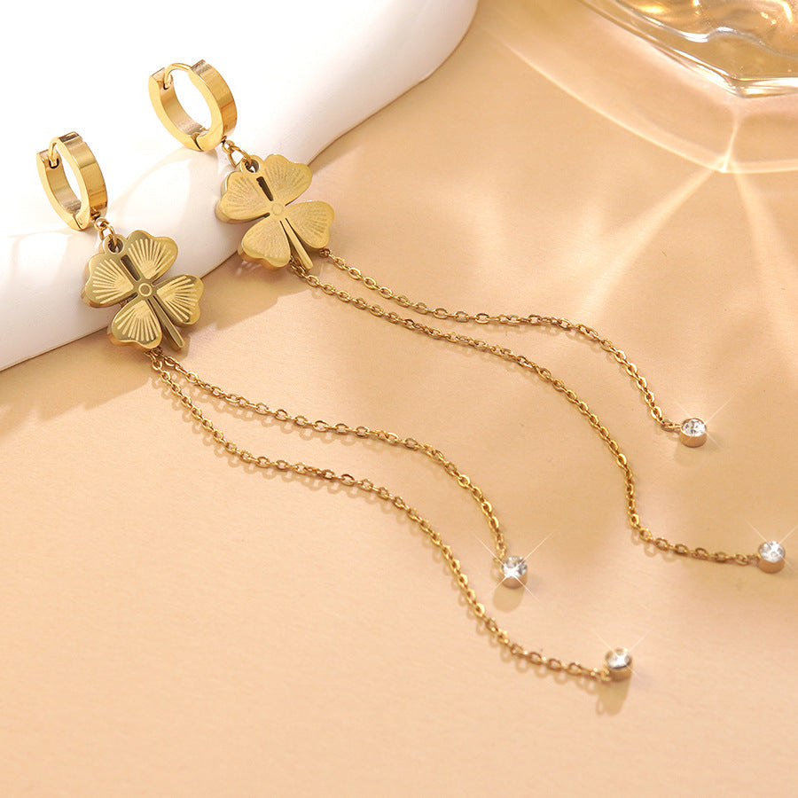 Elegant Stainless Steel Four-Leaf Clover Earrings with Cubic Zirconia and Tassel Design for Women