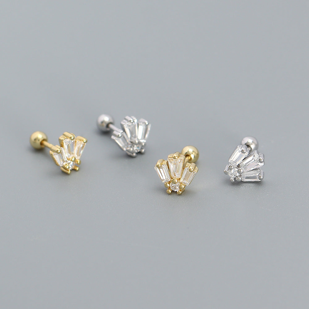 925 Sterling Silver Geometric Square Cubic Zirconia Threaded Cartilage Stud Earrings for Women