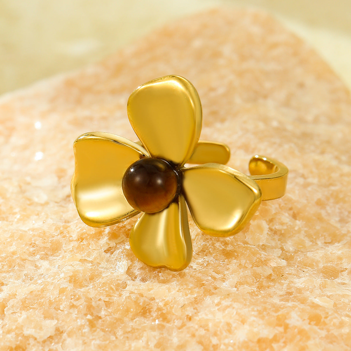 Anillo abierto de acero inoxidable con forma de flor y acabado chapado, de moda para mujer