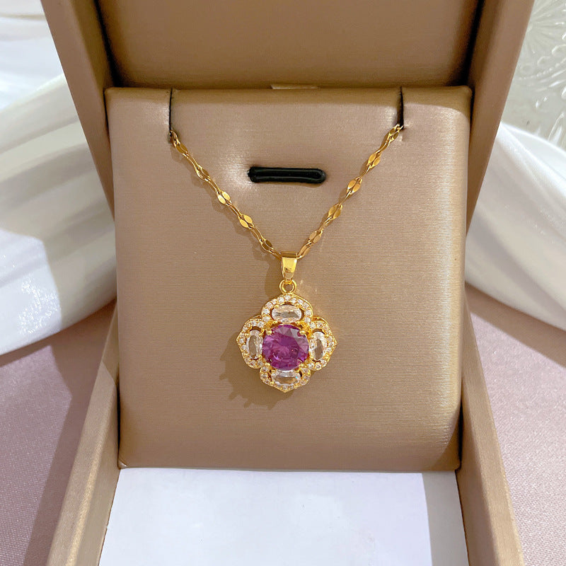 Luxury Floral Design Titanium Steel Necklace with Zircon Inlay for Women Featuring Rose Camellia and Lily of the Valley Petal Motifs