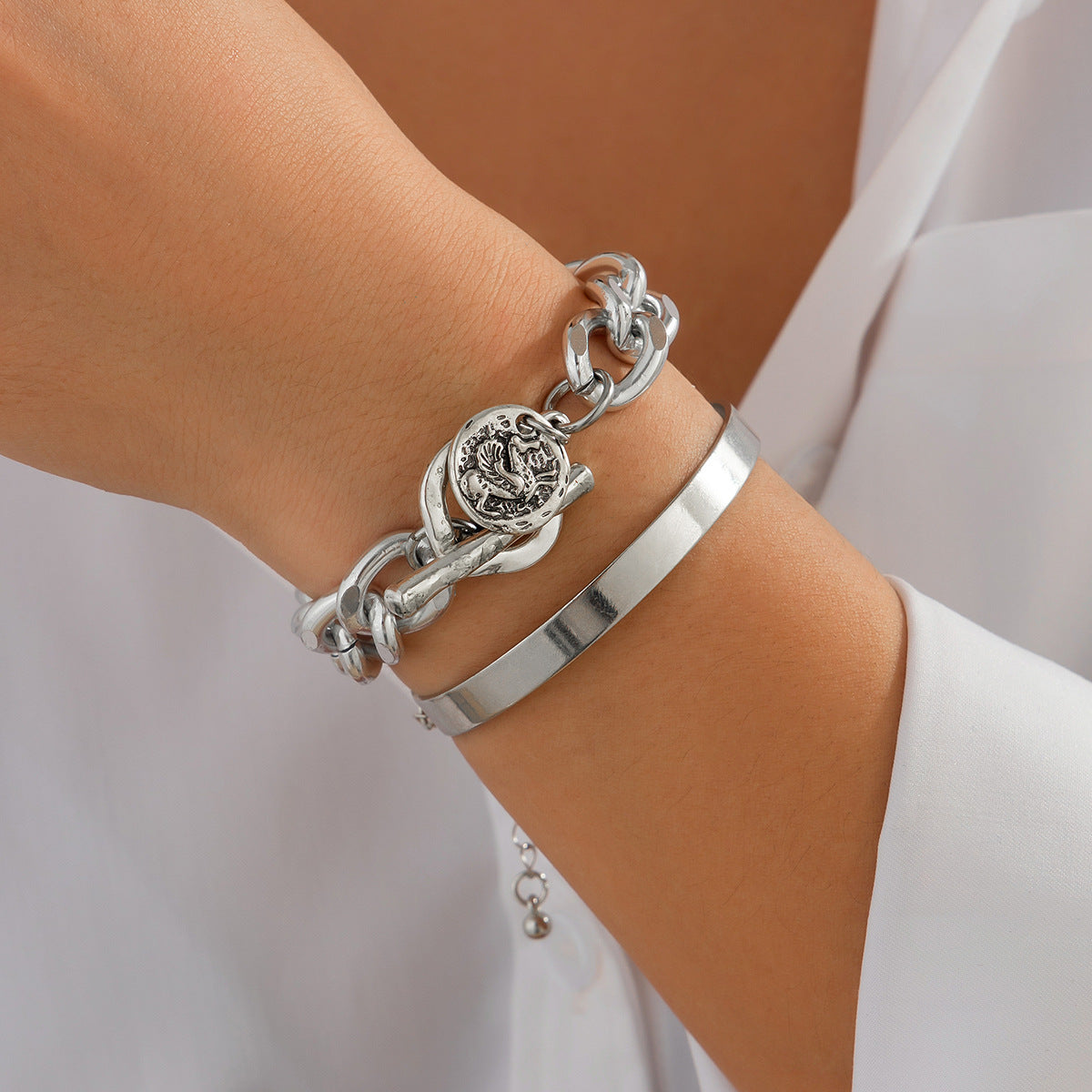 Vintage Geometric Double Hoop Hollow Spring Opening Bracelet with Pendant for Women